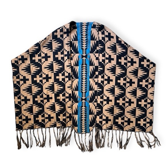Pendleton spider rock blanket shawl Blue and Tan Geometric Poncho cape - Picture 5 of 6
